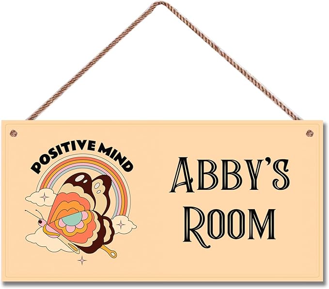 Personalized Sign Cute Butterfly Sign Rainbow Art Décor For Kids Room,Positive Mind,Custom Name Door Wall Art Decor, Floral Nursery Art Plate For Girls Boys Bedroom Room