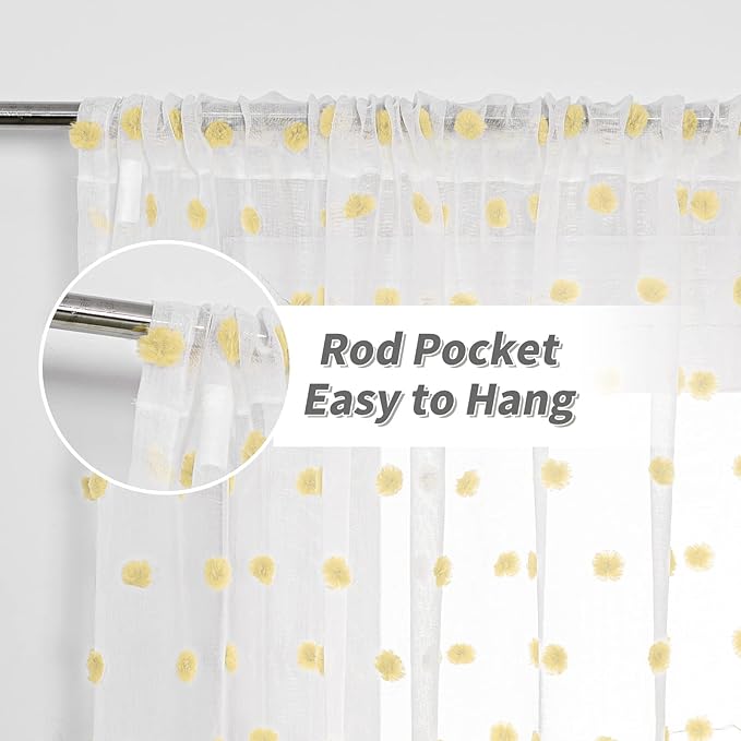 MYSKY HOME Pom Pom White Sheer Curtains for Girls Bedroom Mustard Yellow Curtains for Nursery 84 Inch Long Living Room Curtains 2 Panels Light Filtering Rod Pocket Window Drapes 52 x 84 inch