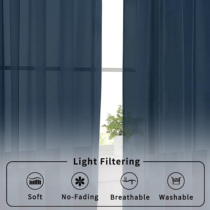Aiyufneg Navy Blue Sheer Curtains 36 inches Long, Short Kitchen Window Treatment Solid Sheers Cafe Curtains Bathroom Voile Half Window Curtains 2 Panels, Rod Pocket, 40" Wx36 L