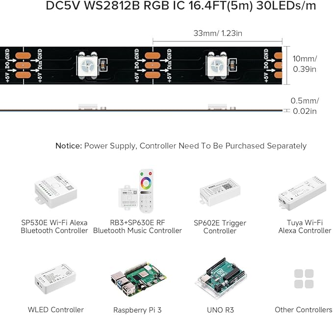 BTF-LIGHTING WS2812B IC RGB 5050SMD Pure Gold Individual Addressable LED Strip 16.4FT 150LED 30Pixel/m Flexible Full Color IP67 DC5V for DIY Chasing Color Project(No Adapter or Controller)