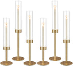 6Pcs Hurricane Glass Candle Holders Gold Candlestick Holders Taper Candle Holder with 9.8" Windproof Clear Cylinder Covers for Outdoor Indoor Tall Candle Stick Holder Decor for Wedding Party Fireplace