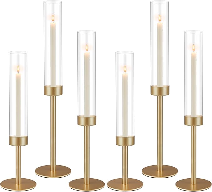 6Pcs Hurricane Glass Candle Holders Gold Candlestick Holders Taper Candle Holder with 9.8" Windproof Clear Cylinder Covers for Outdoor Indoor Tall Candle Stick Holder Decor for Wedding Party Fireplace