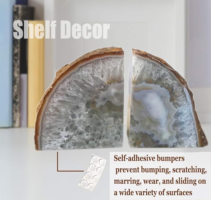 AMOYSTONE Agate Geode Bookends Decorative Crystal Stone Book Ends Heavy Duty Home Office Decor Nature Brown with Rubber Bumpers(1 Pair, 6-8 LBS)