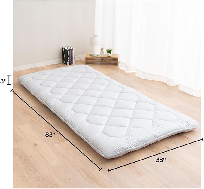 EMOOR Japanese Floor Futon Mattress Anti-Sag Twin-XL Made in Japan 100% Cotton Chip Foam Gray, Shikibuton Foldable Sleeping Bed Tatami Mat