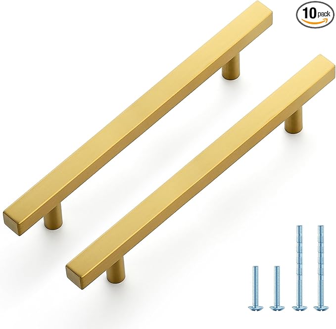 JOY DECOR 10 Pack 5 Inch Brushed Brass Square Cabinet Handles Stainless Steel Cabinet Hardware Pulls for Kitchen and Drawers with 7-3/8 Inch Overall Length