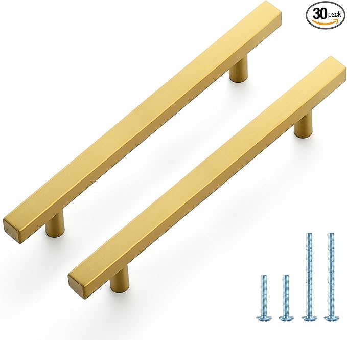 JOY DECOR 30 Pack 5 Inch Brushed Brass Square Cabinet Handles Stainless Steel Cabinet Hardware Pulls for Kitchen and Drawers with 7-3/8 Inch Overall Length