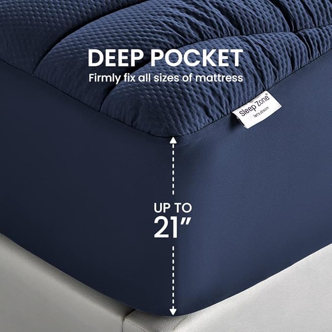 SLEEP ZONE Cooling Mattress Topper California King, Premium Zoned Cool Mattress Pad Cover, Padded Mattress Protector Breathable Washable, Deep Pocket 8-21" (Navy, Cal King)