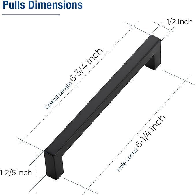 JOY DECOR 50 Pack Cabinet Handles, Black Cabinet Pulls, 6-1/4 Inch Kitchen Closet Handles Square Drawer Pulls Stainless Steel Drawer Hardware, 160mm Hole Centers