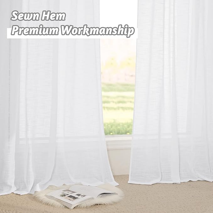 RYB HOME Short Sheer Curtains - Linen Textured Small Window Curtains Semi Sheer Drapes Privacy Breathable Drapery Filter Sunlight for Kitchen, Nursery, RV, W 52" x L 45", 2 Panels, White