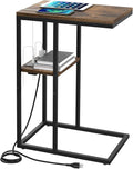 Yoobure C Shaped End Table with Charging Station, Small Side Table for Sofa，26" Tall Tv Tray Couch Table with Storage,Bedside Table with USB Ports and Outlets for Living Room, Bedroom, Rustic Brown