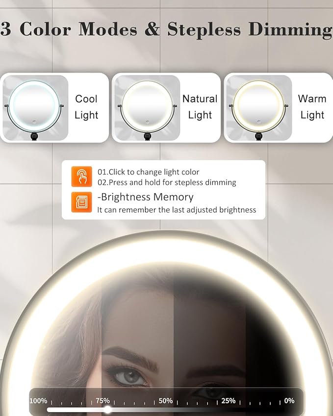 30X/1X Wall Mounted Lighted Makeup Mirror, 9'' Height Adjustable Double Sided 5000mAh Rechargeable Magnifying Bathroom Mirror with Light, 3 Color Modes Touch Dimmable Extended Arm 360 Rotation