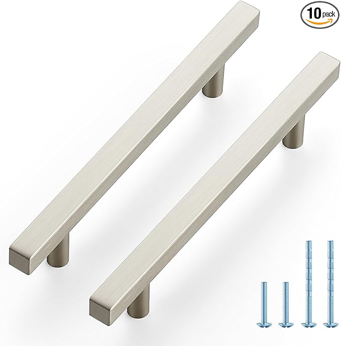 JOY DECOR 10 Pack 5 Inch Brushed Nickel Square Cabinet Handles Stainless Steel Cabinet Hardware Pulls for Kitchen and Drawers with 7-3/8 Inch Overall Length