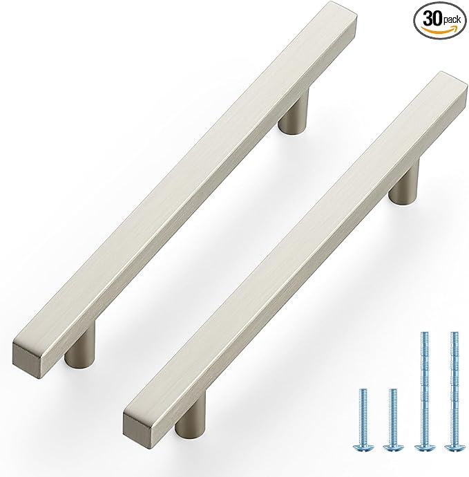 JOY DECOR 30 Pack 5 Inch Brushed Nickel Square Cabinet Handles Stainless Steel Cabinet Hardware Pulls for Kitchen and Drawers with 7-3/8 Inch Overall Length