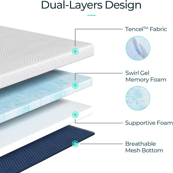 LINSY LIVING 4 Inches Full Memory Foam Mattress Topper, Cooling Gel-Infused Swirl Memory Foam, Soft Bed Topper with Tencel™ Cover, CertiPUR-US and Oeko-TEX Certified, 74" L * 53" W * 4" H