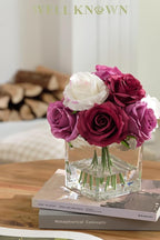 WELL KNOWN Rose Artificial Flowers in Vase with Faux Water, Silk Rose Table Centerpieces for Home Coffee Table Decor, Fake Roses Flower Arrangements for Office Hotel Lavatory Decor (Purple & White)