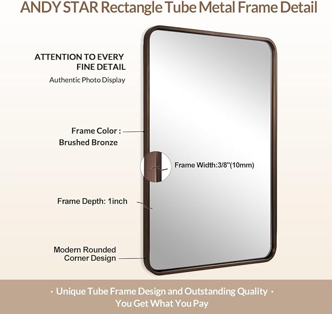 ANDY STAR 36x36 Inch Bronze Bathroom Mirror, Rounded Square Oil Rubbed Bronze Mirrors for Bathroom,Tube Metal Framed, 1’’ Deep Wall Mounted Vertically/Horizontal