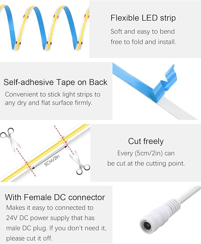 ALITOVE 32.8ft COB LED Strip Light Kit Natural White 4000K Flexible Super Bright 24V High Density LED Tape Light 3200LEDs CRI90+ Dimmable LED Light Strip for Indoor Home Commercial Lighting Decor