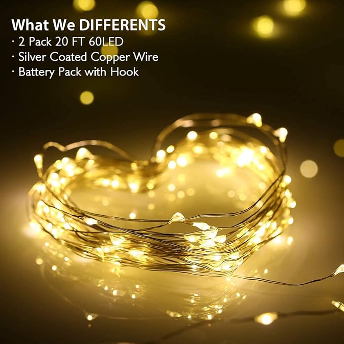 Homemory 2 Pack Each 20 Ft 60 LED Short Fairy Lights Battery Operated Christmas String Lights with Remote, Waterproof 8 Modes Firefly Twinkle Lights for Christmas Tree, Wreath Decor