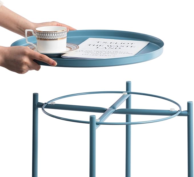 HollyHOME Round Metal Side Table, Outdoor Small Folding Accent Stand with Removable Tray, 17.72'' Portable End Table for Balconies, Gardens, Living Rooms and Bedrooms, Blue