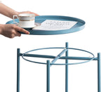 HollyHOME Round Metal Side Table, Outdoor Small Folding Accent Stand with Removable Tray, 17.72'' Portable End Table for Balconies, Gardens, Living Rooms and Bedrooms, Blue
