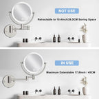 8" Rechargeable Lighted Wall Mounted Makeup Mirror with Magnification, Double-Sided 1X/10X Magnifying Foldable Touch Control 360 Swivel Extendable Arm for Bathroom, Brushed Nickel