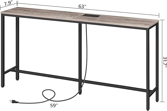 63" Console Table with Power Outlet, Narrow Sofa Industrial Entryway Behind Couch Table with USB Ports for Entryway, Hallway, Foyer, Living Room, Bedroom, Greige CTHG16E01Z1