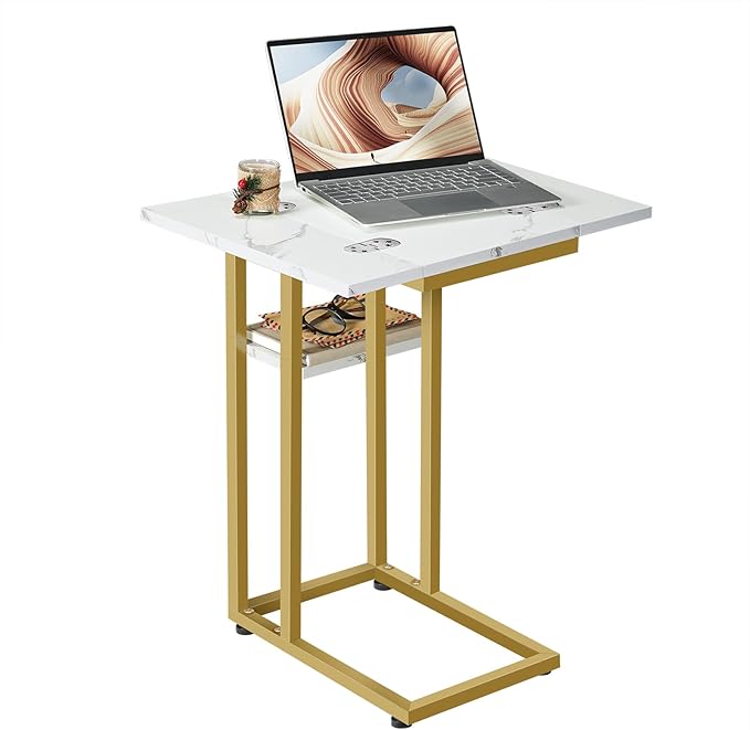 HOOBRO Foldable End Table, Gold C Shaped Side Table with Storage Shelf, Small Snack Table Suitable for Living Room Bedroom Small Spaces, Easy Assembly, Gold and Marble DM29SF01