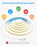 Aclorol USB COB LED Strip Lights for TV 5V USB Powered LED Tape Lights Daylight White 6.56FT 320Leds/M 6000K COB Flexible Light Strip TV Led Backlight for Bedroom Under Cabinet Kitchen DIY