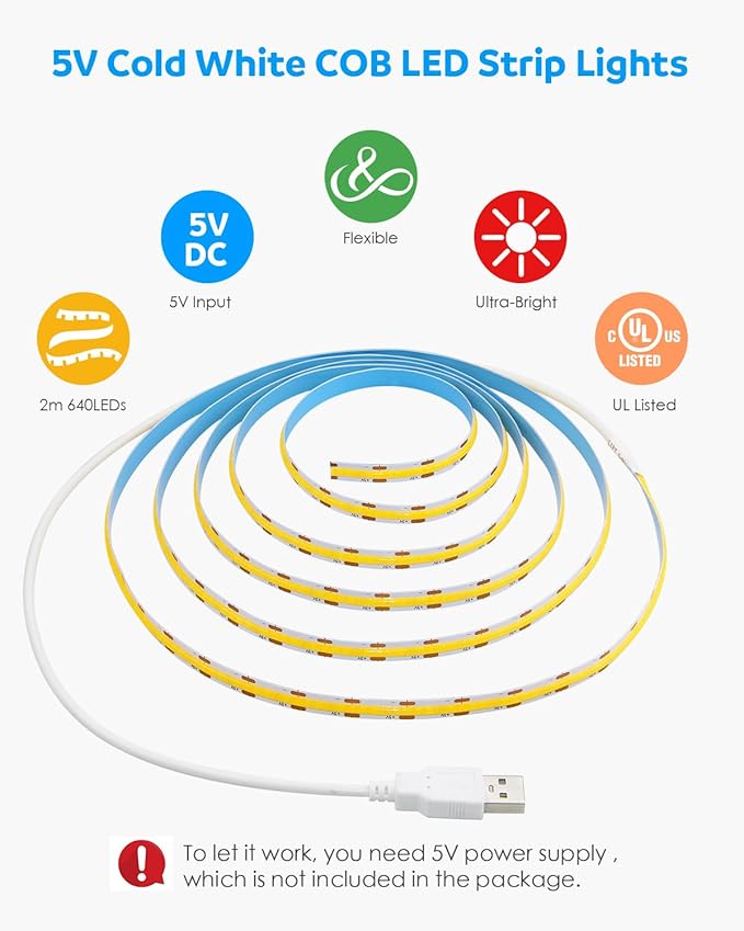 Aclorol USB COB LED Strip Lights for TV 5V USB Powered LED Tape Lights Daylight White 6.56FT 320Leds/M 6000K COB Flexible Light Strip TV Led Backlight for Bedroom Under Cabinet Kitchen DIY