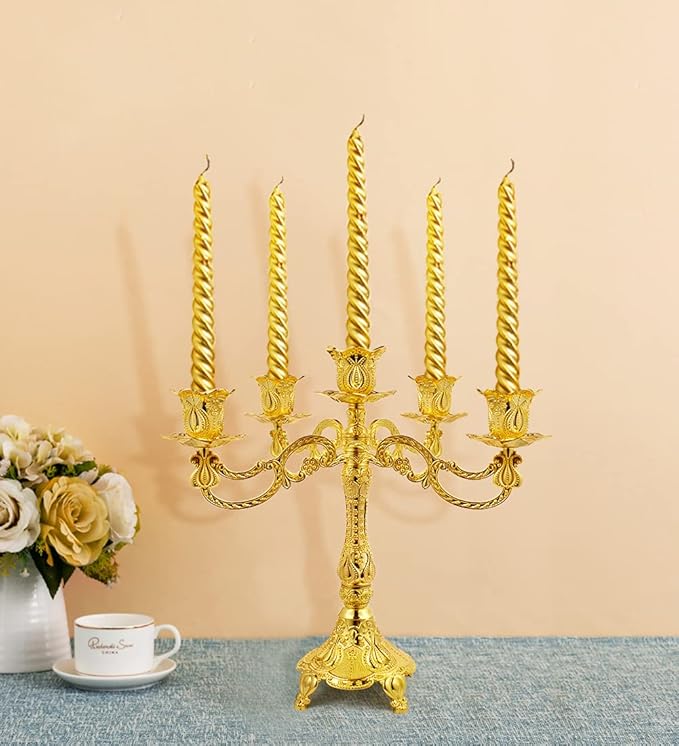 5-Candle Metal Candelabra 10.3 Inch Tall Candlestick Candle Holders for Home Decor Wedding Christmas Church Halloween Party, Gold Tulip