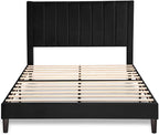 Allewie Full Bed Frame/Velvet Upholstered Bed Frame with Vertical Channel Tufted Headboard/Strong Wooden Slats/Platform Bed Frame/Mattress Foundation/Box Spring Optional/Easy Assembly/Black