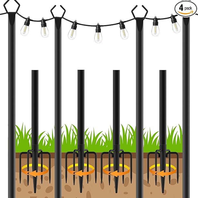 4 Pack 10Ft String Poles, Poles for Outside String Lights,Outdoor with Fork,Metal Poles Stand for Patio,Backyard,Deck