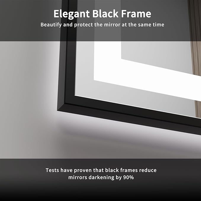 LED Mirror, 60x36 Inch Black Framed Gradient Front and Backlit Bathroom Mirror Black Frame, 3 Colors Dimmable CRI>90, IP54 Enhanced Anti-Fog Wall Mounted Bathroom Vanity Mirror