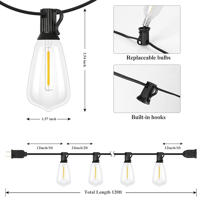 Brightever 120FT Outdoor String Lights Waterproof, 2700K Bright LED Patio Lights with 62 ST38 Shatterproof Vintage Bulbs, Retro Connectable Edison String Lights for Outside, Garden, Balcony, Porch