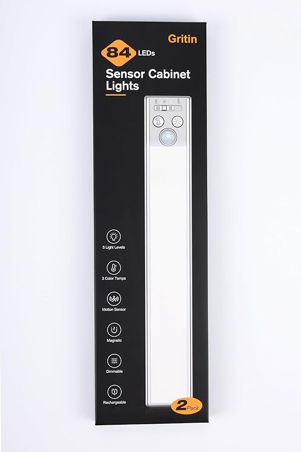 Gritin 10.2inch Under Cabinet Lighting Rechargeable -84 LED Super Bright,3-Color& 5 Level Brightness,4 Modes,Motion Sensor, Long Lasting- Easy Installation Magnetic Closet Lights -2 Pack-Green