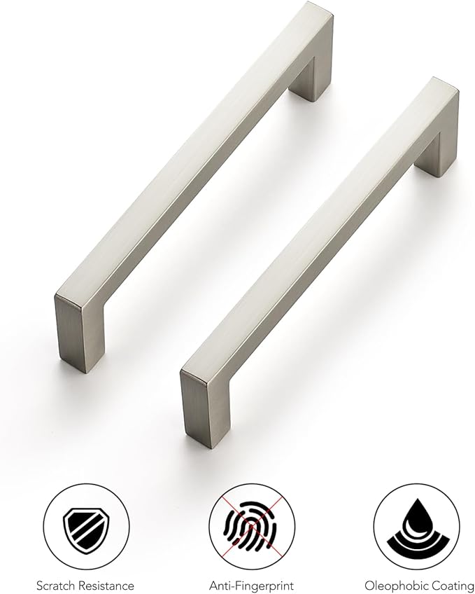 Ravinte 10 Pack Solid Kitchen Cabinet Handles Brushed Nickel Slim Cabinet Pulls Drawer Pulls with 4 Inch Hole Center Square Bar Kitchen Cabinet Hardware
