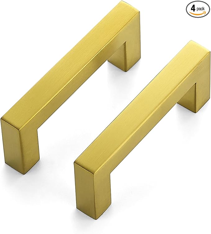 JOY DECOR 4 Pack Cabinet Handles, Gold Cabinet Pulls, 3 Inch Kitchen Closet Handles Square Drawer Pulls Stainless Steel Drawer Hardware, 76mm Hole Centers
