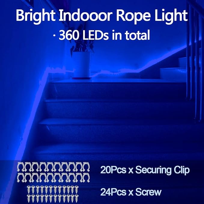 33FT 360 LED Rope Lights Outdoor,110V Connectable Blue String Lights with Clear PVC Jacket,Blue Rope Lights for Camping,Patio,Deck,Porch,Christmas Decor(Blue)