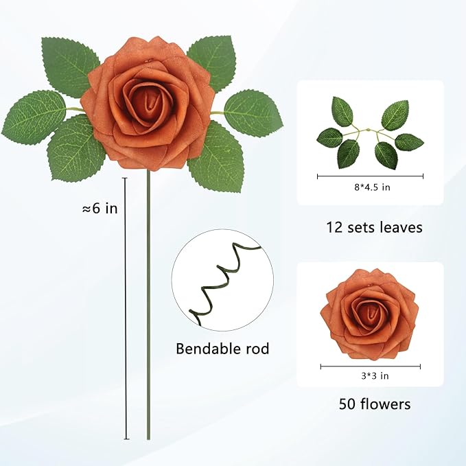 50PCS Burnt Orange Artificial Flowers Realistic Roses, Real Looking Fake Roses with Stem for DIY Wedding Bouquets Centerpieces Bridal Shower Party Home Romantic Decorations (Burnt Orange, 50pcs)