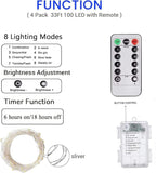 4 Pack 100 LED Fairy Lights Battery Operated with Remote, 33FT Waterproof Twinkle Lights with Timer & 8 Modes, Fairy String Lights Outdoor Indoor for Bedroom Classroom DIY Christmas Decor (Blue)