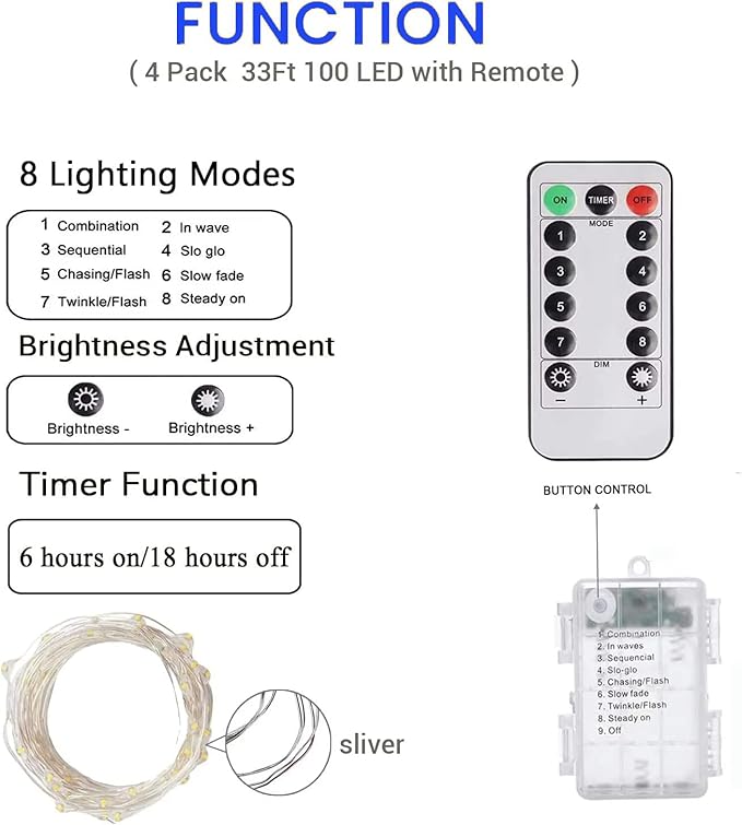 4 Pack 100 LED Fairy Lights Battery Operated with Remote, 33FT Waterproof Twinkle Lights with Timer & 8 Modes, Fairy String Lights Outdoor Indoor for Bedroom Classroom DIY Christmas Decor (Blue)