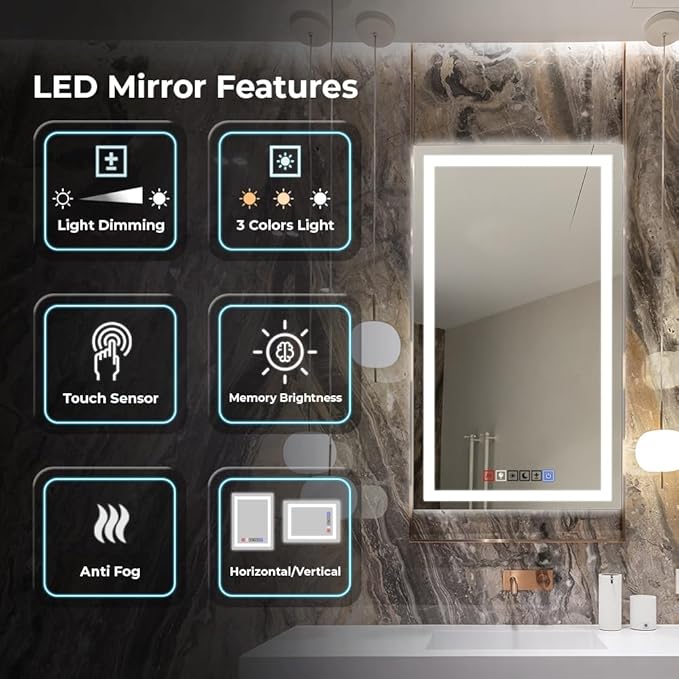 Fab Glass and Mirror LED Mirror 40x32 Inches, Led Bathroom Mirror with Lights Front and Backlit Anti-Fog Memory Brightness, Three Color Options Frameless Wall Mounted Bathroom Vanity Mirror