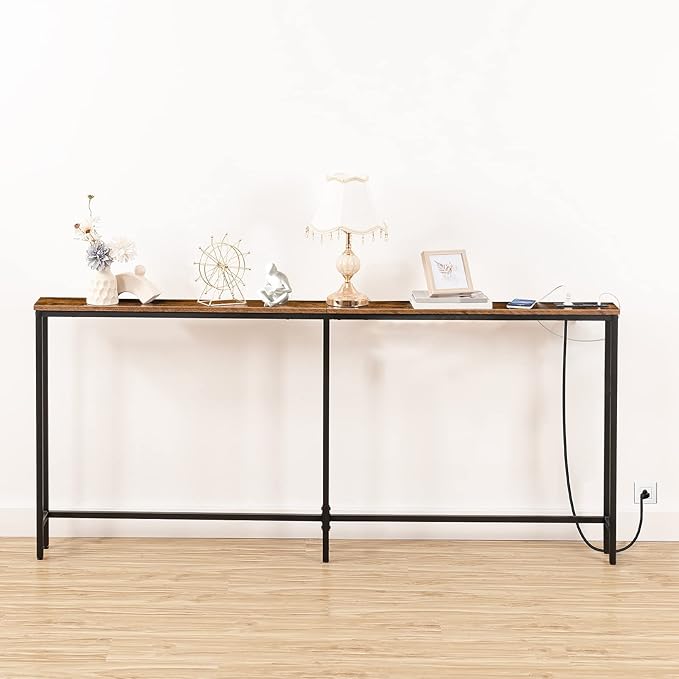 HOOBRO 70.9" Narrow Console Table with Charging Station, 5.9" Sofa Table with 2 Power Outlets and USB Ports, Long Entryway Tables Behind Couch Table, for Hallway, Living Room, Rustic Brown BF185UXG01