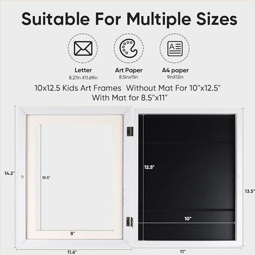 2-Pack Kids Artwork Frames - Changeable, Front Opening Holds 150, Children Art Projects, 10x12.5 Picture Frame for Display, With Storage (White)