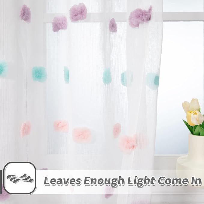 MYSKY HOME Pom Pom Sheer Curtains for Bedroom 72 Inch Length Long Rainbow Curtains for Dining Room Window Nursery Curtains Girls Kids Room 2 Pieces Rod Pocket Boho Farmhouse 52" x 72"