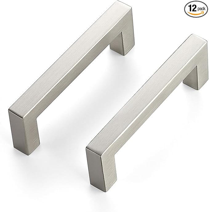 JOY DECOR 12 Pack Cabinet Handles, Brushed Nickel Cabinet Pulls, 3-3/4 Inch Kitchen Closet Handles Square Drawer Pulls Stainless Steel Drawer Hardware, 96mm Hole Centers
