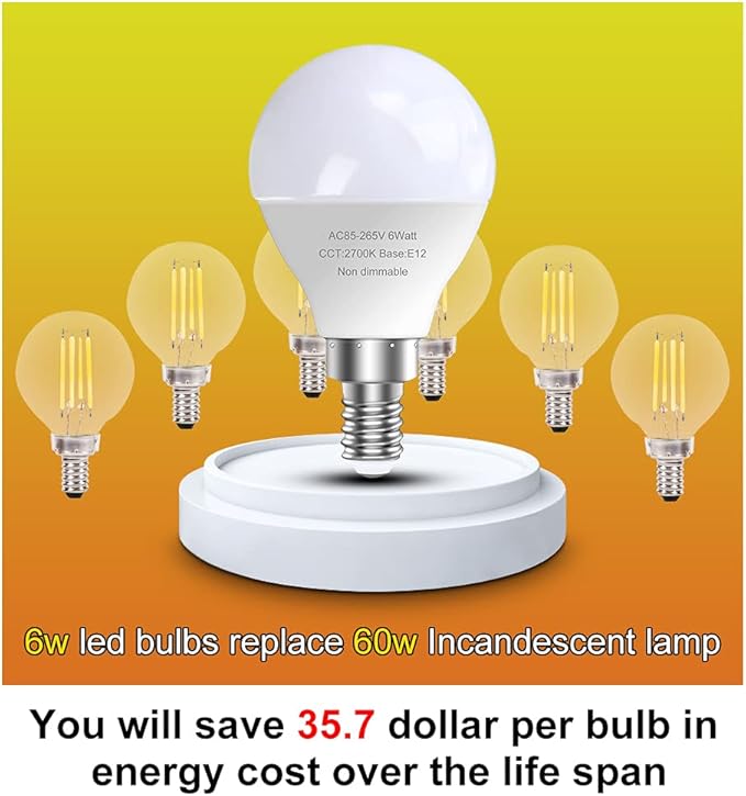 6 Pack E12 LED Candelabra Light Bulbs, 60 Watt Equivalent, Warm White 2700K, 120V Chandelier Llight Bulb, A15 / G45 Shape Ceiling Fan Light Bulbs, Bright Small Bulb Non-Dimmable