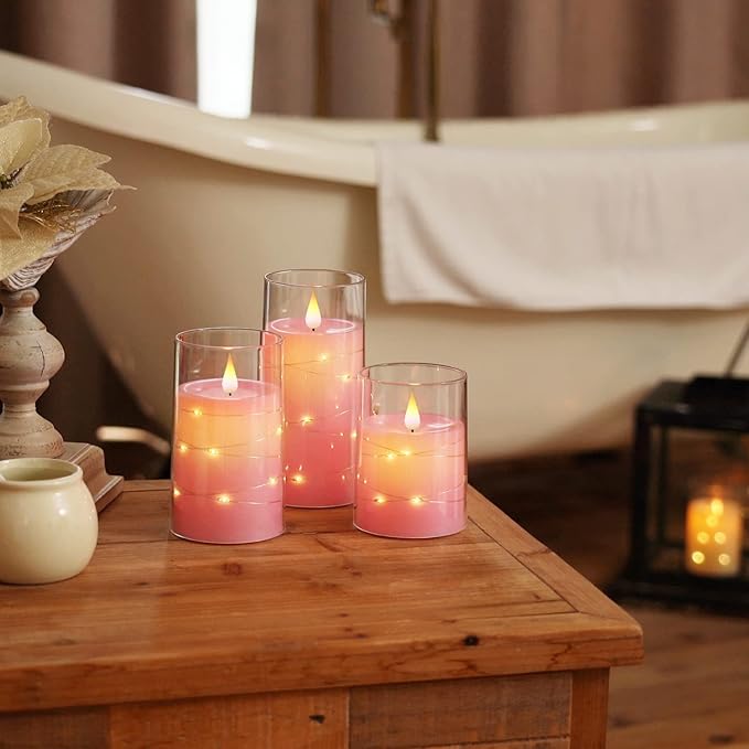 Homemory Flickering Flameless Candles with String Lights, Battery Operated Candles, Embedded String Lights LED Candles, Unbreakable Plexiglass Candle with Remote, Set of 3, Pink