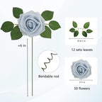 50Pcs Powder Blue Artificial Flowers Realistic Roses, Real Looking Fake Roses with Stem for DIY Wedding Bouquets Centerpieces Bridal Shower Party Home Romantic Decorations (Powder Blue, 50pcs)