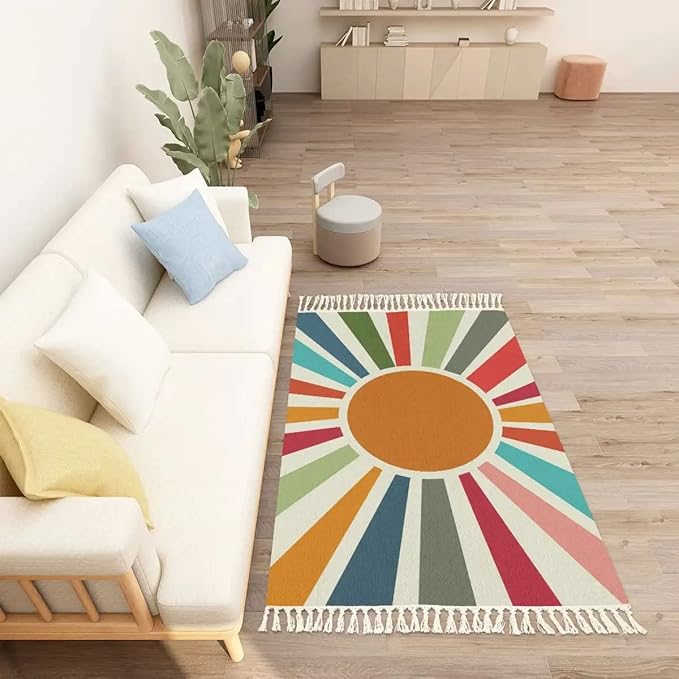 Retro Sun Boho Rug Colorful Cute Rainbow Area Carpet Non-Slip Throw Rugs Mat Pad Washable Floor Mat Minimalist Decor for Living Room Bedroom Kids Room Nursery Playroom Classroom Dorm 4'x6'
